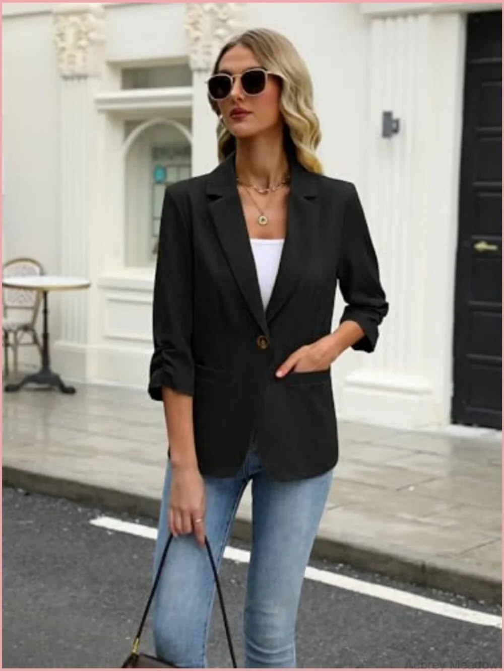 Linen Blazer 3/4 Ruched Sleeves Slim Fit Jacket with Pockets